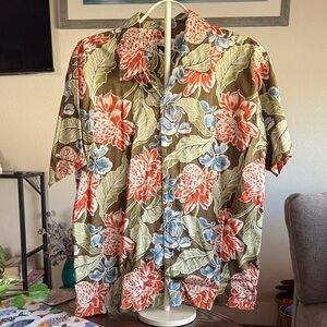 Tropical Floral Hawaiian Shirt - Olive, Coral & Blue